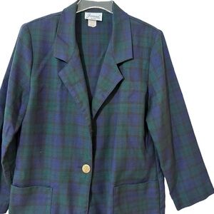 Petite Plaid Blazer Vintage Oversized Single Button Blue & Green Size P Medium